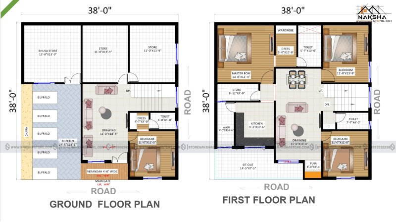 38×38 Residential House Plan | Ground + First Floor | Modern Functional Layout